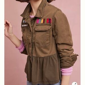 Anthropologie Peplum Military Jacket Green with Embroidery Size Small